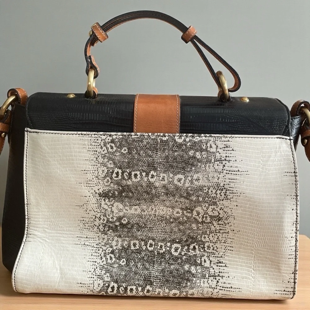 Brahmin Oxford Flap Natural Bernini Black/White Embossed Leather Crossbody Bag